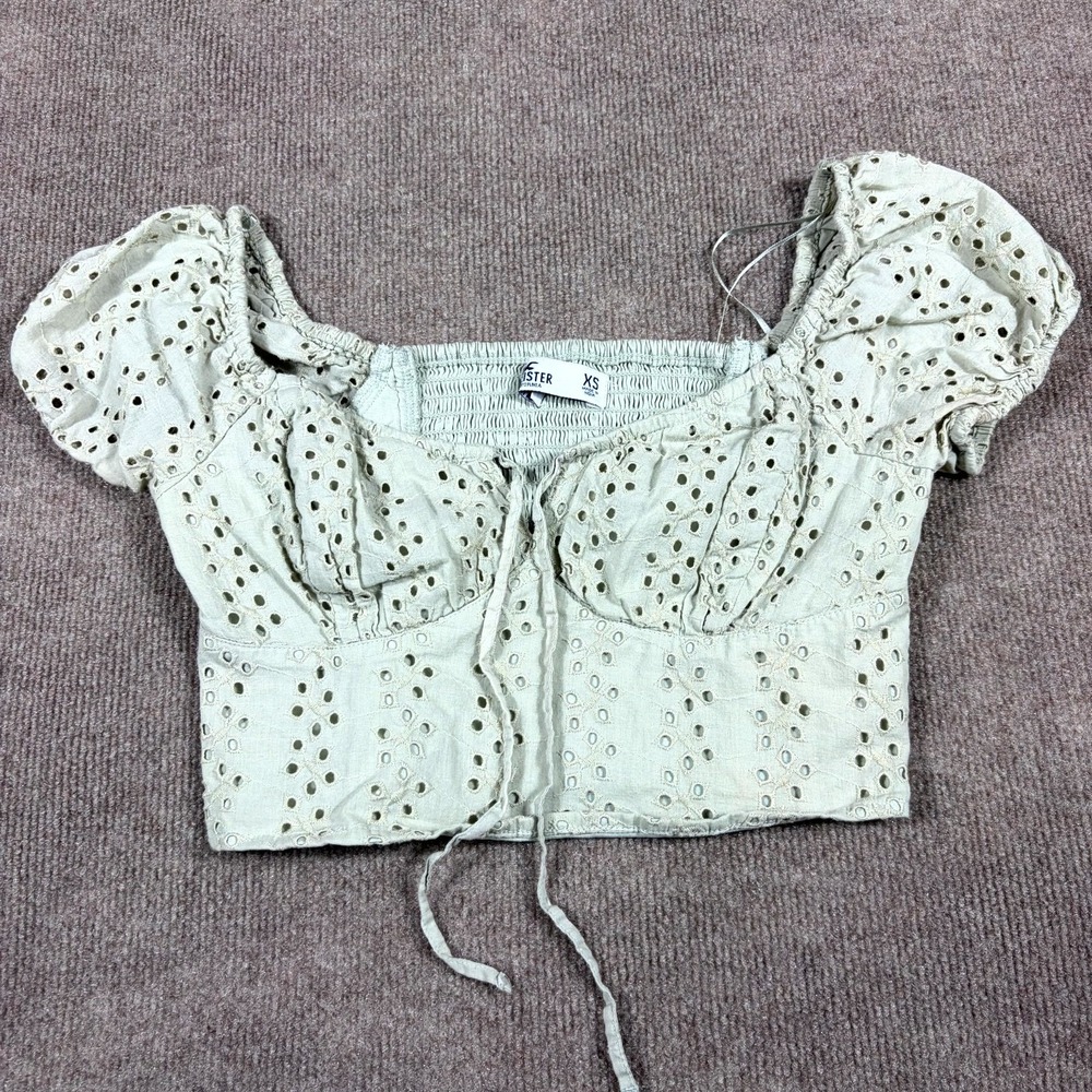 Hollister Crop Top Womens XS Light Sage Green Eyelet Smocked Bodice Tie Front